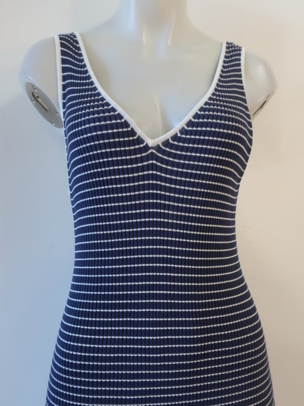 Womens STAUD Gray, White Striped Ribbed Bodycon Maxi V-Neck Tank Dress L - Picture 2 of 7
